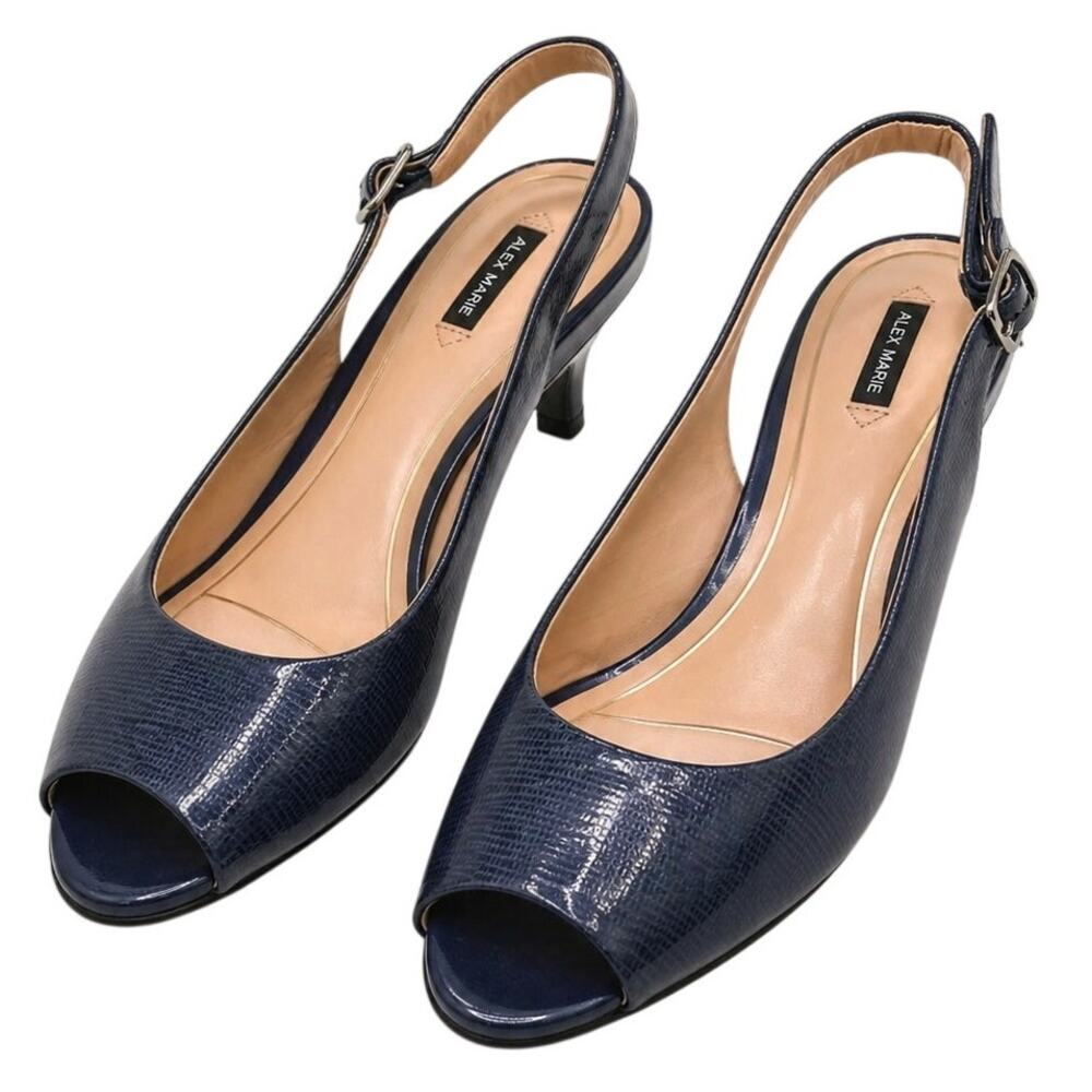 Alex Marie Melanie Slingback Heels Navy Peep Toe Pumps Women's 9.5 Embossed